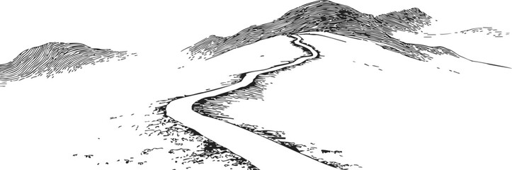 Mountain landscape sketch, hand drawn winding road leading to hills. Vector illustration