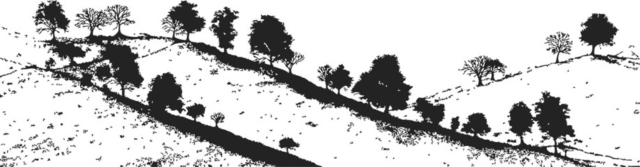 Tree silhouettes on rolling hills, sketch hand drawn landscape scene. Vector illustration