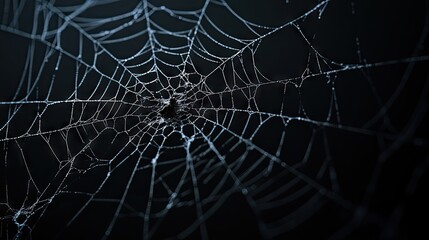 Fototapeta premium Intricate Close-Up of a Delicate Spider Web Glimmering with Dew Drops Against a Dark Background for Nature and Macro Photography