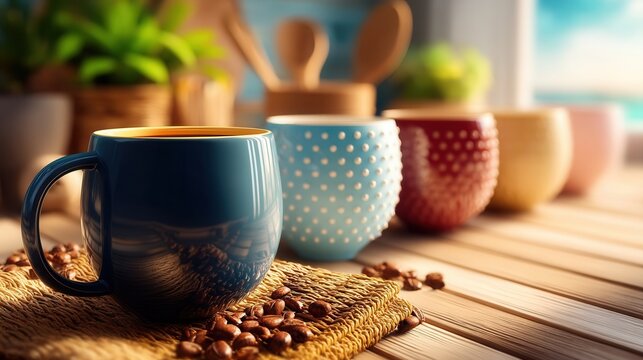 Inviting coffee break with colorful mugs and fresh roasted beans on sunlit wooden table creating a warm and comforting atmosphere for relaxation