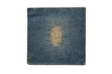 Blue distressed denim swatch with torn fabric texture and visible threads on transparent background, textile pattern