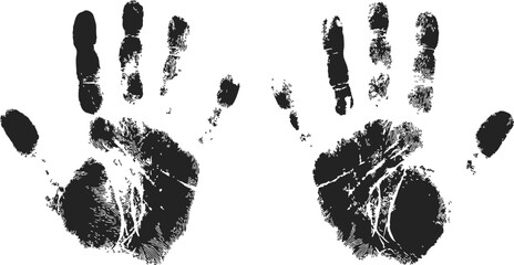 Black handprints sketch hand drawn with fingerprint details and grunge splatter. Vector illustration