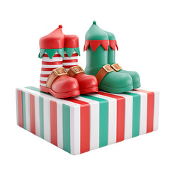 Elf shoes on gift box isolated on transparent background for christmas concept