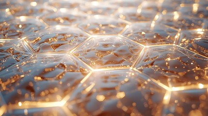 Abstract glowing hexagonal cells with a futuristic technological feel, representing science and innovation.