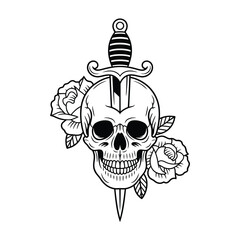 Skull and dagger with roses tattoo design illustration