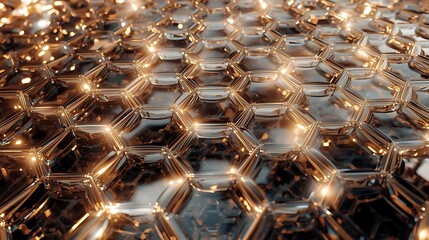 Abstract hexagonal pattern with glowing lights and metallic reflections, representing technology and science.