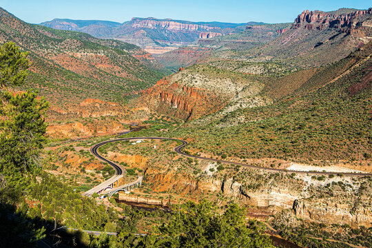 A beautiful,  colorful view of the Salt River Canyon from an overlook along Scenic Route 60 in eastern Arizona near Globe. USA
