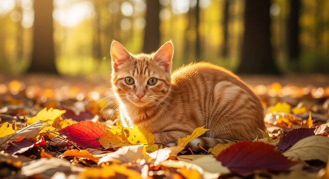 Orange tabby cat resting in autumnal leaves outdoors with sunlight
