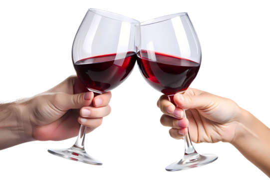 Two hands toasting with red wine glasses against a dark background in a celebratory gesture