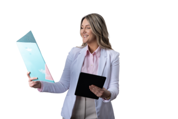 Smiling businesswoman holding a document folder and tablet