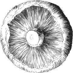 Obraz premium Portobello mushroom cap sketch, hand drawn detailed gills top view. Vector illustration