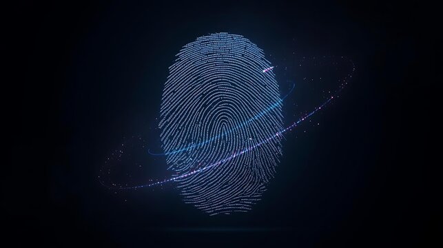 Abstract digital fingerprint glowing with blue and purple light, representing identity and technology. - Powered by Adobe