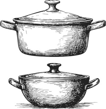 Cooking pots with lids sketch, hand drawn kitchen cookware set. Vector illustration