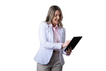 Businesswoman reviewing working on tablet with transparent background