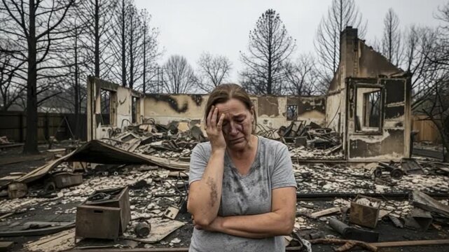 Woman in despair amidst the ruins of a burnt-down house.