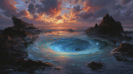 An illustration of a mesmerizing ocean whirlpool at dusk, with the sky ablaze in colors. The water swirling in a captivating vortex creates a sense of wonder and awe