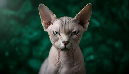 Obraz premium Fierce light-gray Sphynx cat with one eye squinting, staring at the camera; detailed skin texture, dramatic lighting, malachite green background, bold look.