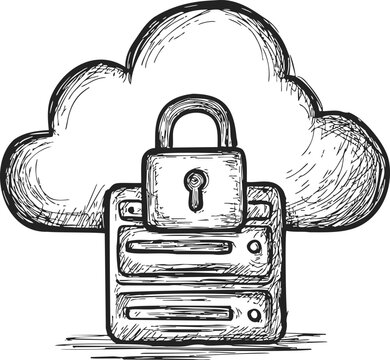 Cloud storage security hand drawn sketch with padlock and server. Vector illustration