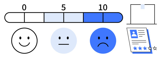 Feedback scale with three emoticons reflecting happiness, neutrality, and sadness, numerical rating bar from 0 to 10, and a rated document. Ideal for reviews, performance evaluation, satisfaction