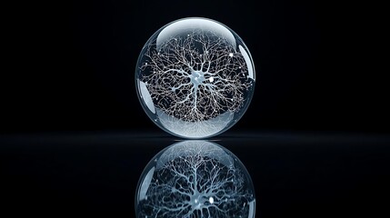 Abstract illustration of a network structure inside a transparent glass sphere with reflection.