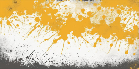 Fototapeta premium An artistic grunge vector illustration featuring a vibrant yellow and orange watercolor paint splash with ink splatters and brush texture on a dirty abstract frame backdrop design
