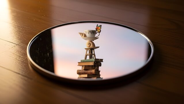 Cermin bundar dengan bayangan menara