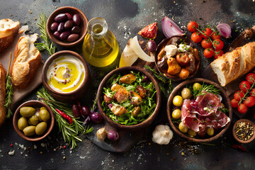 Colorful Mediterranean food spread with fresh ingredients on a rustic table