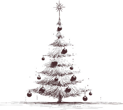 Christmas tree sketch hand drawn with ornaments and star on top. Vector illustration