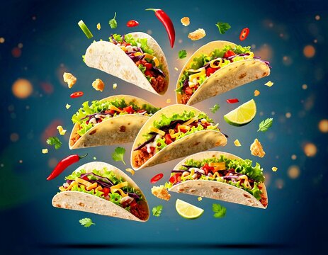 Colorful floating tacos with spicy fillings, cheese and lettuce on teal background