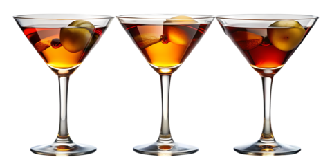 Three martini glasses filled with a brown liquid and garnished with olives on a black background