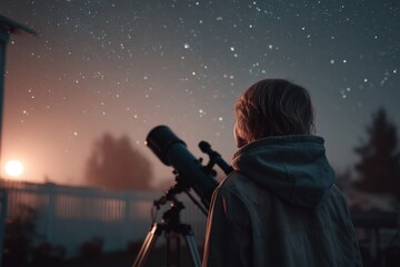 Obraz premium Child with telescope and night sky with stars on the background, curiosity and wonder concept