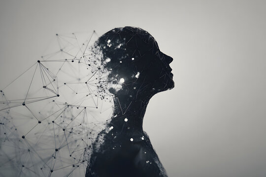 Digital silhouette of a human head with abstract geometric shapes representing thoughts and ideas