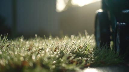 Lawn mower on freshly cut grass with morning dew, capturing a serene backyard morning scene. lifestyle magazines.