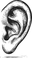 Obraz premium Ear sketch hand drawn detailed human ear anatomy with textured lines. Vector illustration