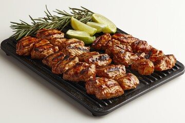 Grilled meat cubes, lime wedges, and rosemary sprig on a black grill plate