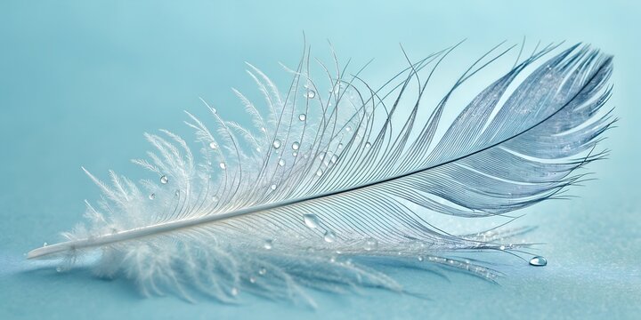 Delicate feather glistening with water droplets on serene blue background conveying purity, softness, and tranquility for spa concepts