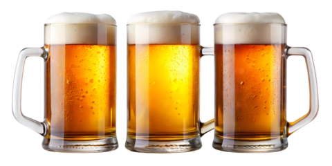 Three beer mugs filled with golden beer and white foam isolated on a black background close up view