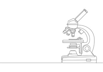Detailed continuous line art drawing of a scientific optical microscope for laboratory research and study