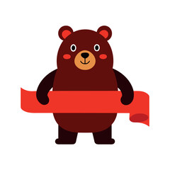 Bear holding New Year banner dark brown bear, bright red banner, white background