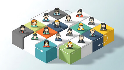 Business network concept with diverse user icons on colorful blocks