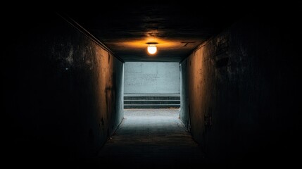 Fototapeta premium A narrow tunnel with dark walls and distant light sources. Travel magazines, destination brands