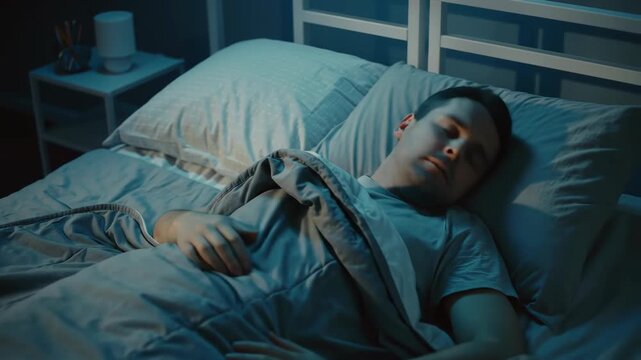 One man sleeping in bed under blanket at night. Calm sleep, rest concept.