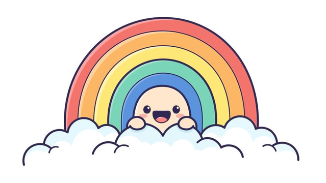 Cute Rainbow with Clouds Cartoon Illustration &ndash; Kawaii Smiling Sky Character Vector Icon