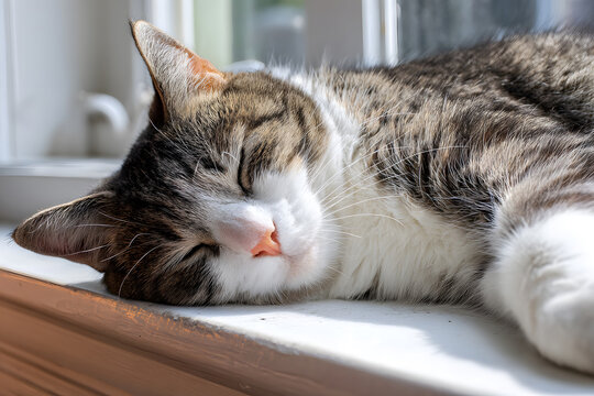Cozy cat resting peacefully in a sunlit window during a warm afternoon - Powered by Adobe