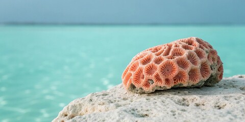 Discover the beauty of brain coral on a pristine beach with turquoise water, perfect for travel blogs and ocean conservation campaigns