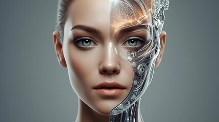 Human face split with robotic side, futuristic concept of technology and humanity.