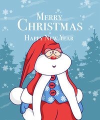 Cute cartoon Santa Character with snowflakes  Merry Christmas and Happy New Year card