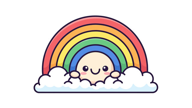 Cute Rainbow with Clouds Cartoon Illustration &ndash; Kawaii Smiling Sky Character Vector Icon