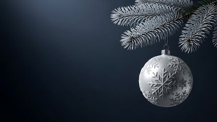 Elegant silver Christmas ornament hanging from a frosted pine branch with dark background