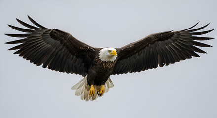 Obraz premium Image is a high-resolution photograph featuring a majestic eagle in mid-flight against a plain, light gray background. The eagle's wings are fully extended, showcasing a striking contrast between the 